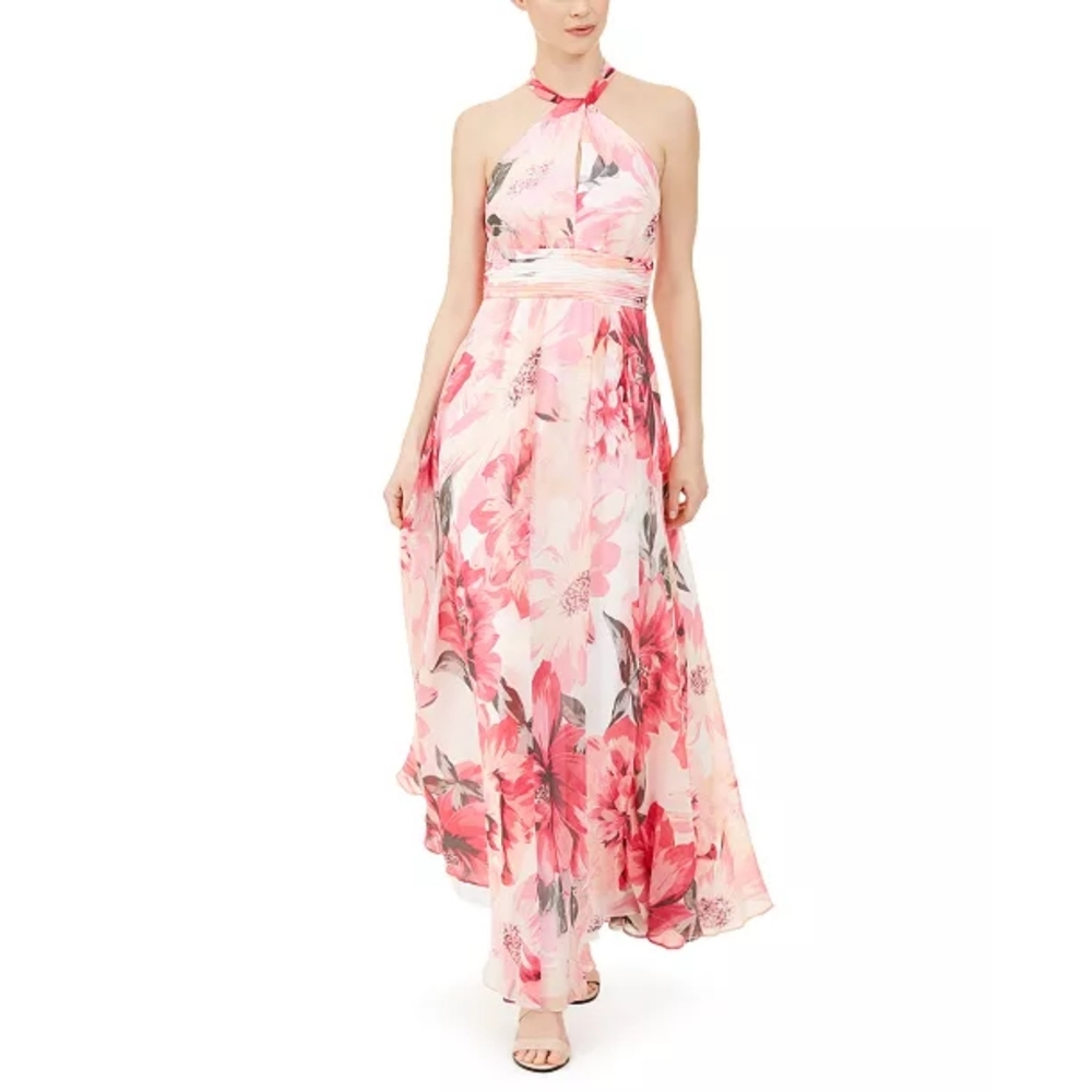 CALVIN KLEIN CHIFFON FLORAL ALTER NECK MAXI DRESS